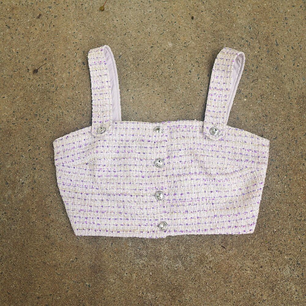 Aqua Lavender Tweed Crop Top Crystal Rhinestone Button Bandeau Tank L Twee Prep
